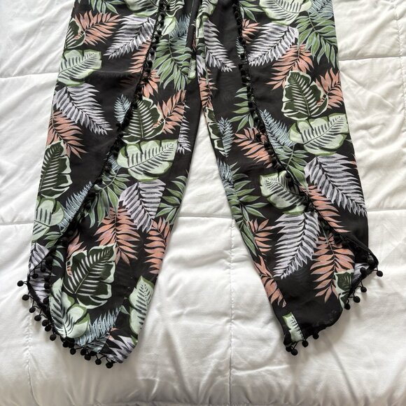 Womens Wide Leg Floral Tropical Beach Summer Cover Up Flowy Drawstring Green - Picture 8 of 10